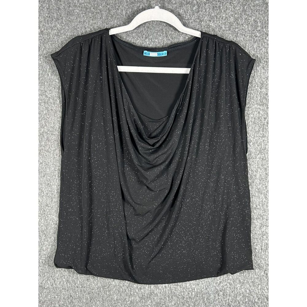 Alice + Olivia Black Metallic Shimmer Cowl Neck Draped Evening Top